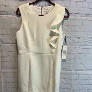 Calvin Klein White Sheath Dress. Ruffle Front. Size 12. NWT.